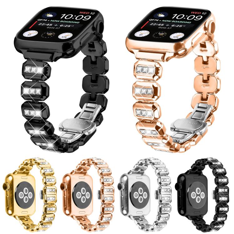 Small Square Diamonds Butterfly Buckle Watch Band, For Apple Watch 46mm / 49mm / 45mm / 44mm, For Apple Watch 42mm / 41mm / 40mm / 38mm