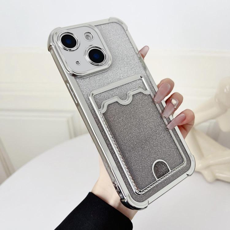 Four-cornered Glitter Electroplated Card Bag TPU Phone Case, For iPhone 15 Pro, For iPhone 15 Plus, For iPhone 15