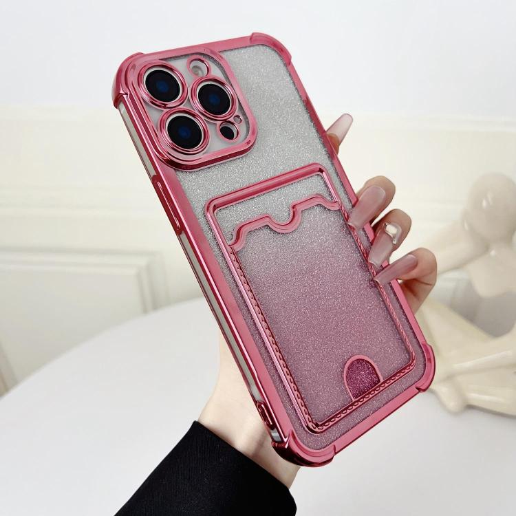 Four-cornered Glitter Electroplated Card Bag TPU Phone Case, For iPhone 15 Pro, For iPhone 15 Plus, For iPhone 15