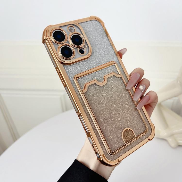 Four-cornered Glitter Electroplated Card Bag TPU Phone Case, For iPhone 17 Air, For iPhone 16 Pro Max, For iPhone 16 Pro