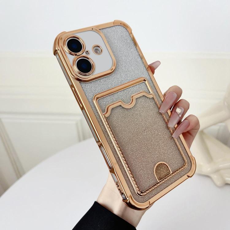 Four-cornered Glitter Electroplated Card Bag TPU Phone Case, For iPhone 16 Plus, For iPhone 16, For iPhone 15 Pro Max