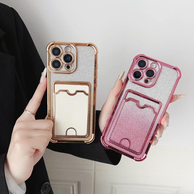 Four-cornered Glitter Electroplated Card Bag TPU Phone Case, For iPhone 15 Pro, For iPhone 15 Plus, For iPhone 15