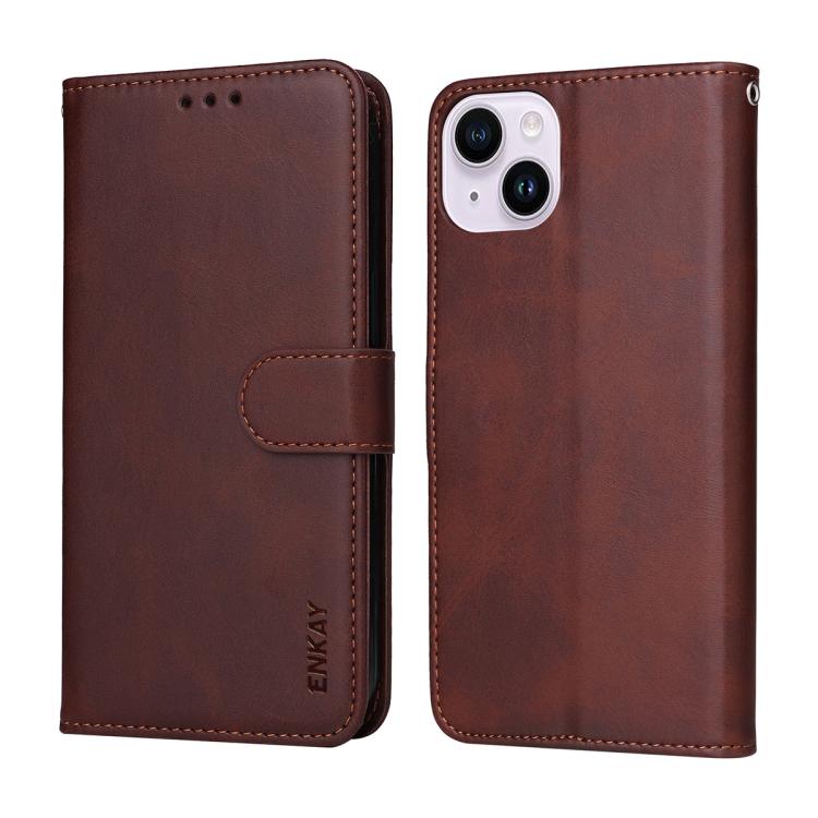 ENKAY Card Wallet Calf Texture Leather Phone Case with Thickened Glue No White Edge Film, For iPhone 15