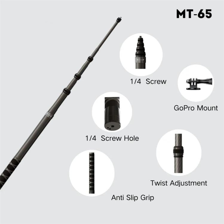 JMARY MT-65 For Action Cameras 3m Carbon Fiber Selfie Stick Monopod 5 Section Extension Pole, MT-65