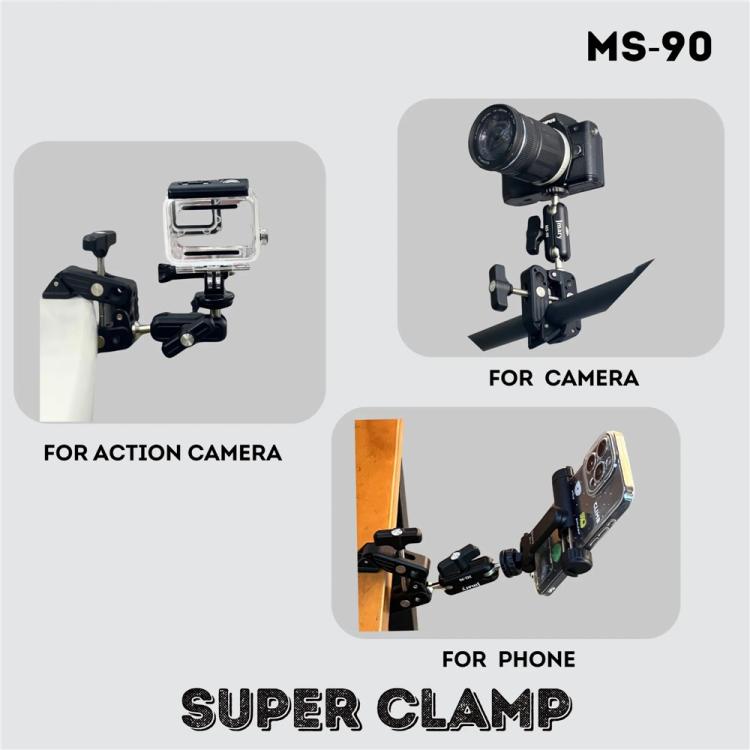 JMARY MS-90 For Action Cameras Super Clamp Mount Magic Arm Double Ball Head Adapter, MS-90
