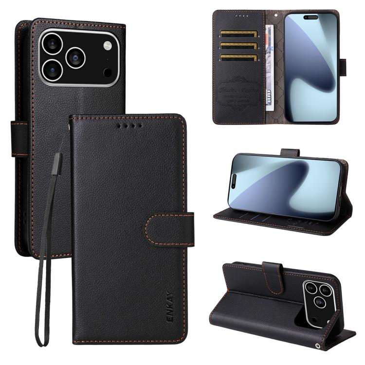 ENKAY RFID Blocking Wallet Kickstand Litchi Texture Leather Phone Case, For iPhone 17 Pro Max, For iPhone 17 Pro, For iPhone 17, For iPhone 17 Air