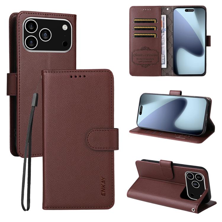 ENKAY RFID Blocking Wallet Kickstand Litchi Texture Leather Phone Case, For iPhone 17 Pro Max, For iPhone 17 Pro, For iPhone 17, For iPhone 17 Air