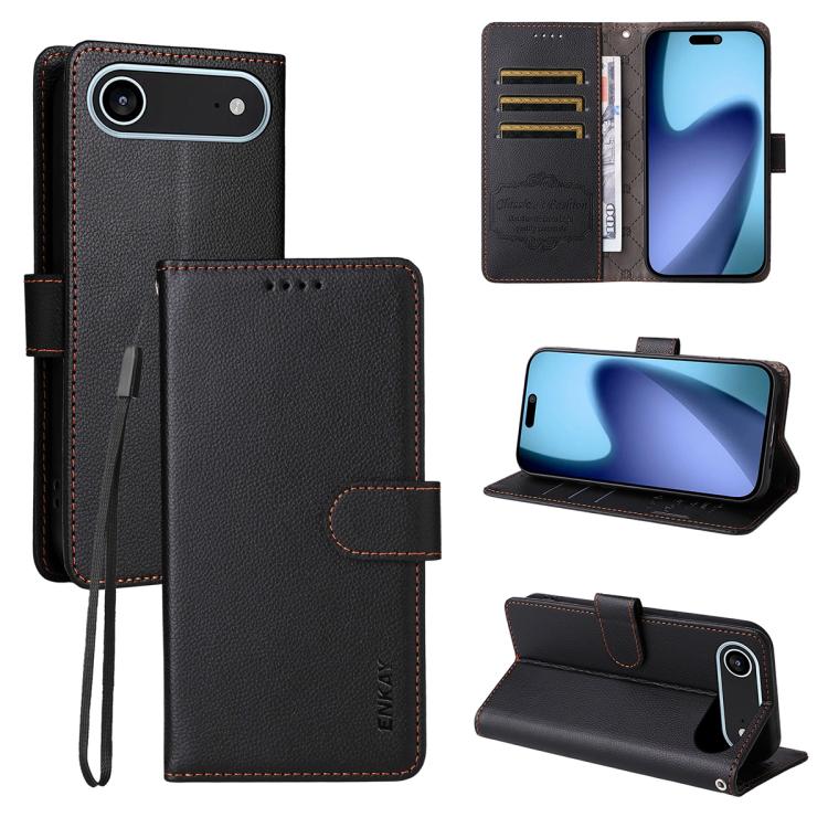 ENKAY RFID Blocking Wallet Kickstand Litchi Texture Leather Phone Case, For iPhone 17 Pro Max, For iPhone 17 Pro, For iPhone 17, For iPhone 17 Air