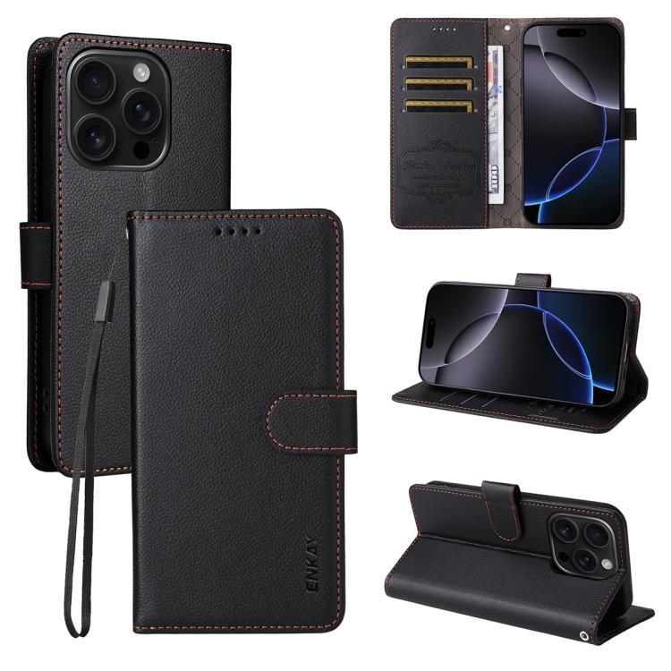 ENKAY RFID Blocking Wallet Kickstand Litchi Texture Leather Phone Case, For iPhone 16e, For iPhone 16 Pro Max, For iPhone 16 Pro, For iPhone 16 Plus