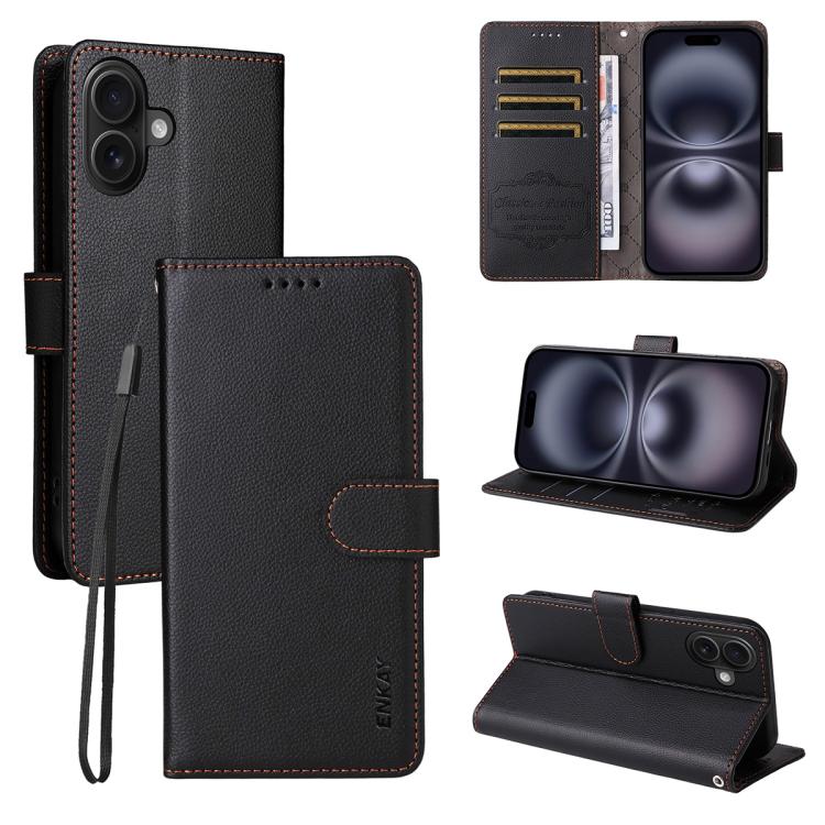 ENKAY RFID Blocking Wallet Kickstand Litchi Texture Leather Phone Case, For iPhone 16