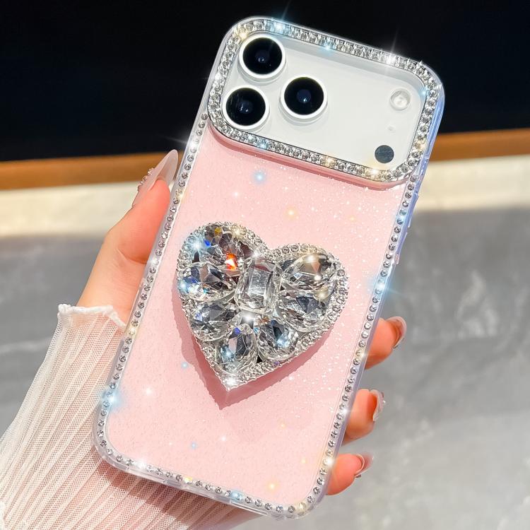 Diamond Glitter Gemstone Heart Holder Phone Case, For iPhone 17 Pro Max