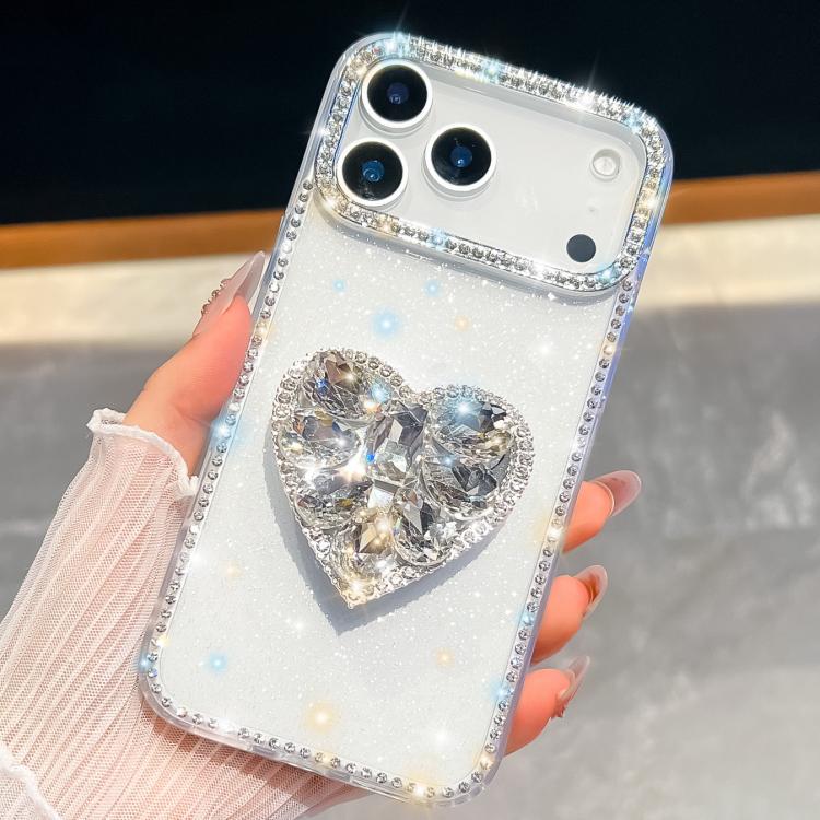 Diamond Glitter Gemstone Heart Holder Phone Case, For iPhone 17 Pro Max