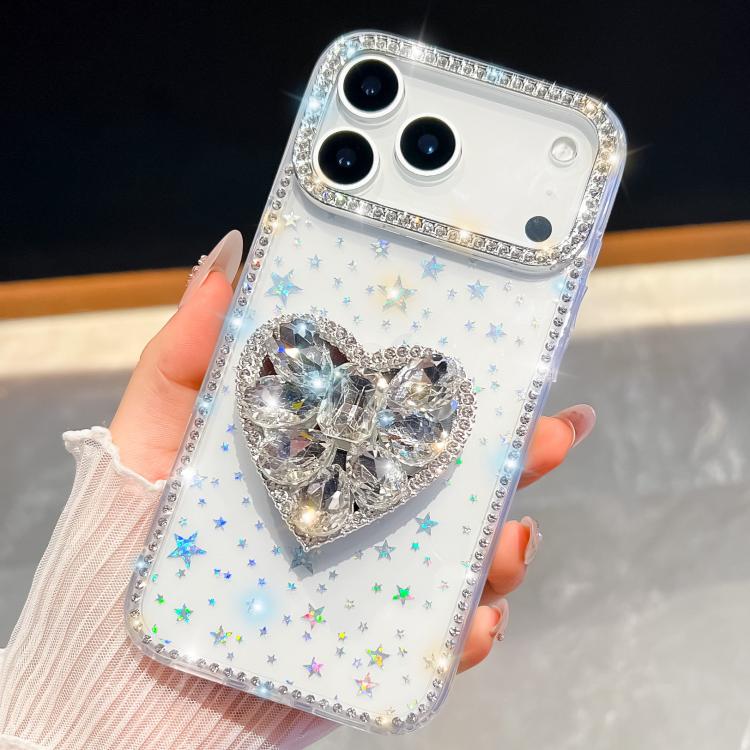 Diamond Glitter Gemstone Heart Holder Phone Case, For iPhone 17 Pro Max