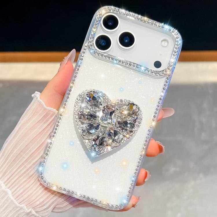 Diamond Glitter Gemstone Heart Holder Phone Case, For iPhone 17 Pro Max