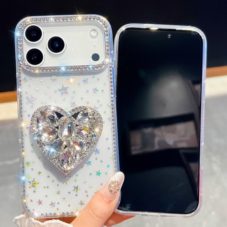 Diamond Glitter Gemstone Heart Holder Phone Case, For iPhone 17 Pro Max