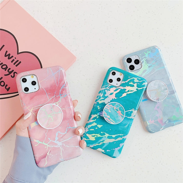 For iPhone 11  TPU Glossy Laser Marble Colorful Mobile Phone Protective Case with Folding Bracket, For iPhone 11