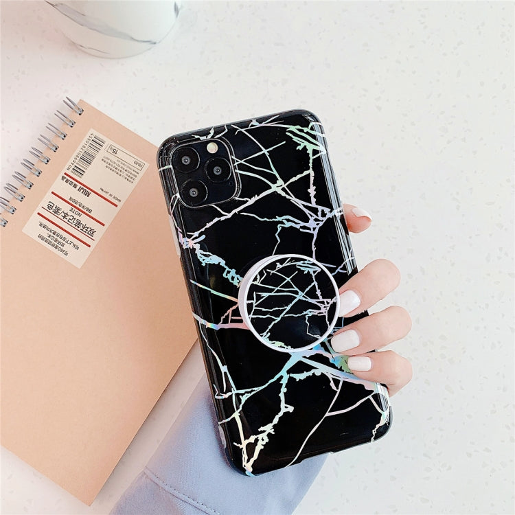 For iPhone 11  TPU Glossy Laser Marble Colorful Mobile Phone Protective Case with Folding Bracket, For iPhone 11