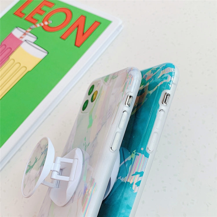 For iPhone 11  TPU Glossy Laser Marble Colorful Mobile Phone Protective Case with Folding Bracket, For iPhone 11