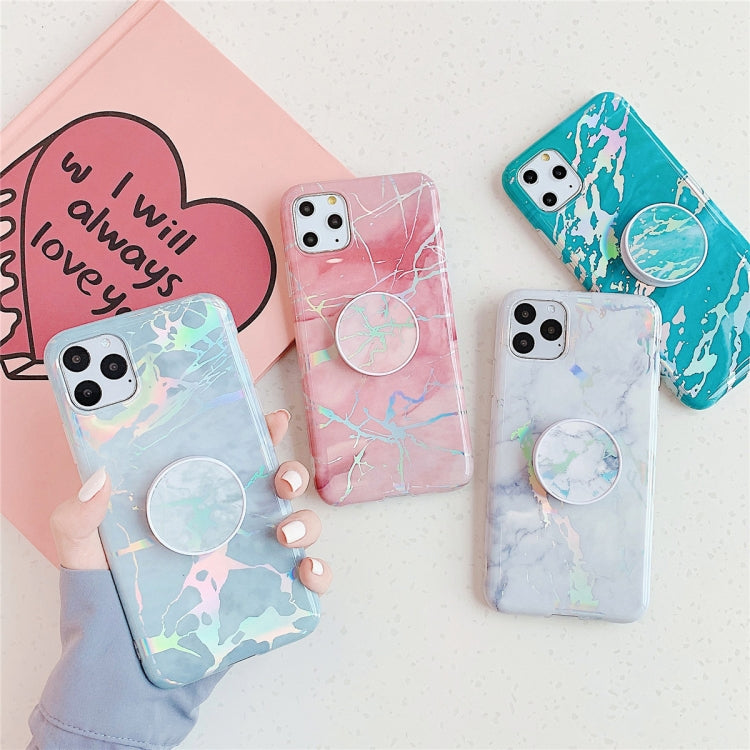 For iPhone 11  TPU Glossy Laser Marble Colorful Mobile Phone Protective Case with Folding Bracket, For iPhone 11