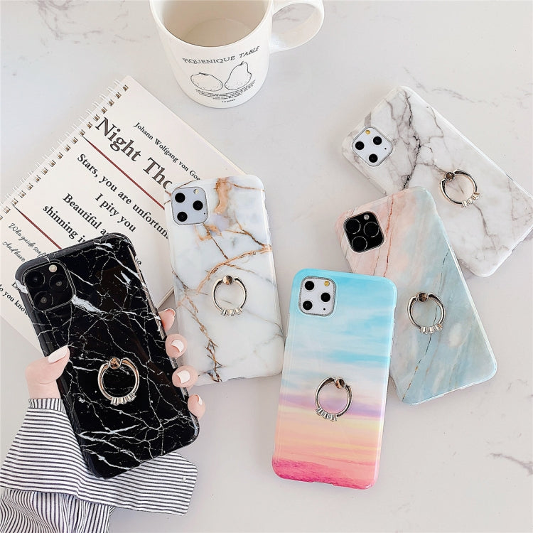 For iPhone 11  TPU Smooth Marble with Ring Metal Rhinestone Bracket Mobile Phone Protective Case, For iPhone 11