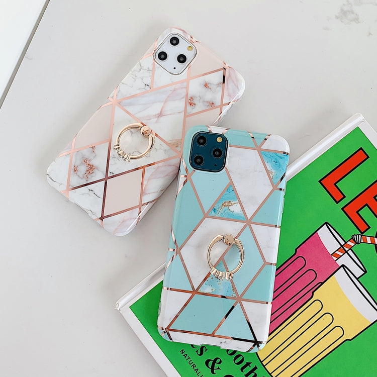 For iPhone 11 Pro Max  Plating Colorful Geometric Pattern Mosaic Marble TPU Mobile Phone Case Rhinestone Stand Ring, For iPhone 11 Pro Max