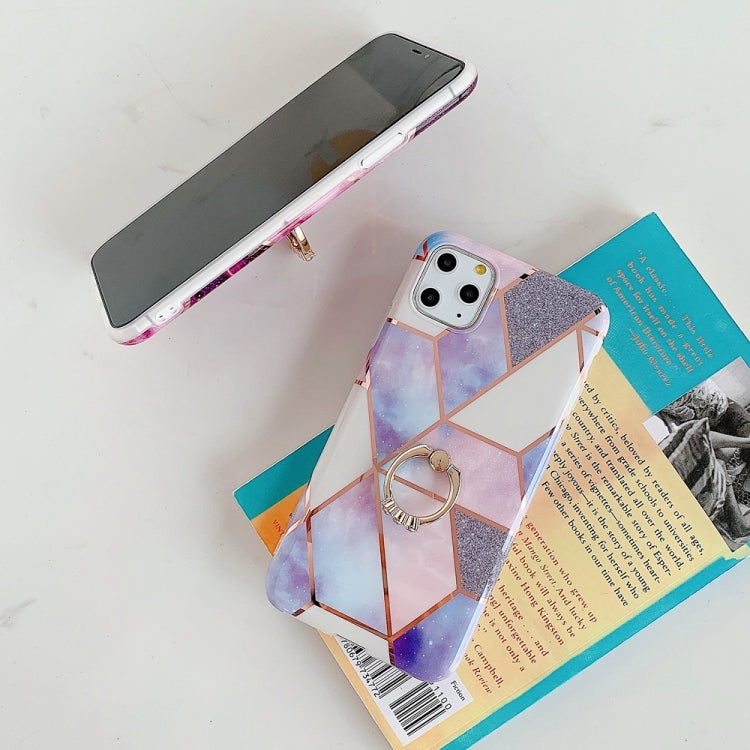 For iPhone 11 Pro Max  Plating Colorful Geometric Pattern Mosaic Marble TPU Mobile Phone Case Rhinestone Stand Ring, For iPhone 11 Pro Max