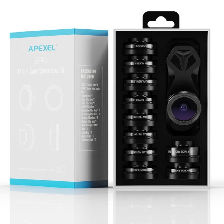 APEXEL APL-DG11 11 in 1 Multifunctional Fisheye Wide-angle Macro Polarized Starlight Gradient Filter Set Universal Mobile Phone Lens Set