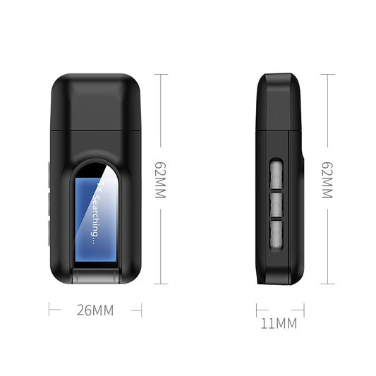 Dual-function Bluetooth adapter showing LCD screen and USB connectivity options