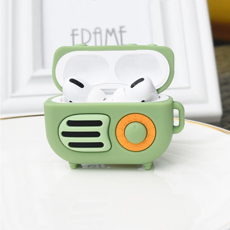 2 PCS Retro Radio Shape Protective Cover Silicone Case for AirPods Pro, Green, Blue Gray, Matcha Green, Pink, Green+Finger Ring