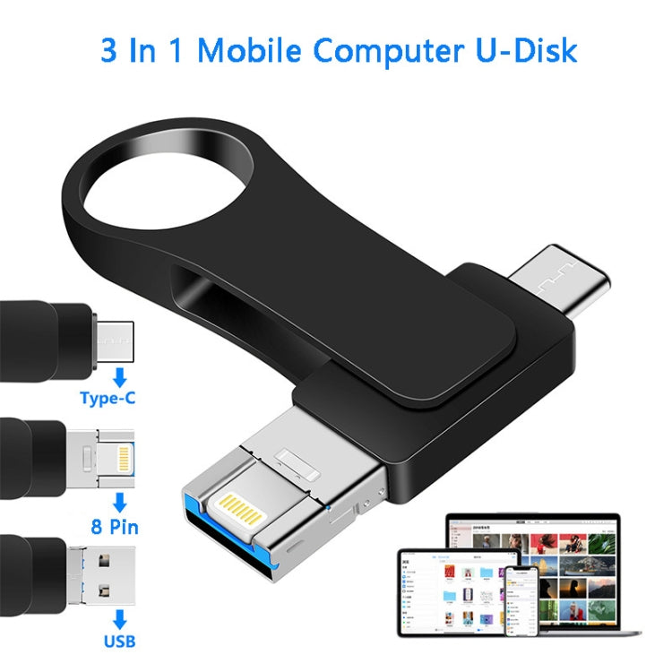 USB 3.0 + 8 Pin + USB-C / Type-C 3 in 1 Mobile Computer Metal U-Disk, 16GB, 32GB, 64GB, 8GB
