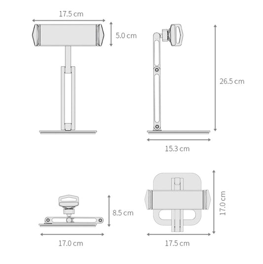 P47 mobile device stand detailed view showing grip mechanism and stability base