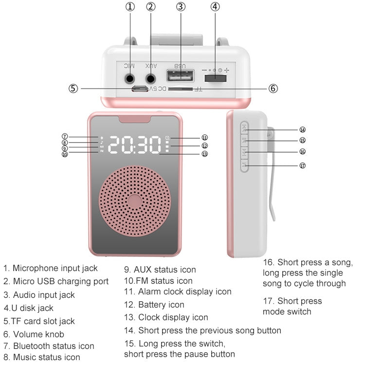 ZXL-H3 Portable Teaching Microphone Amplifier with Time Display, Spec:, H3 Wired (Black), H3 Wired (Rose Gold ), H3 Wireless (Black)
