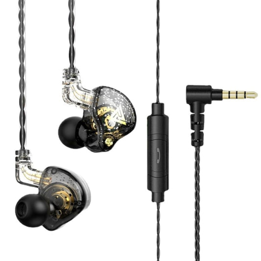 Close-up of QKZ AK6 PRO in-ear headphones showing premium audio driver details