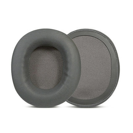 Grey leather headset ear pad pair showcasing professional gaming audio cushion quality