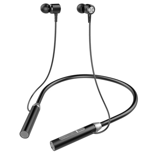 Black wireless neck-mounted headphone showing magnetic earbuds detail