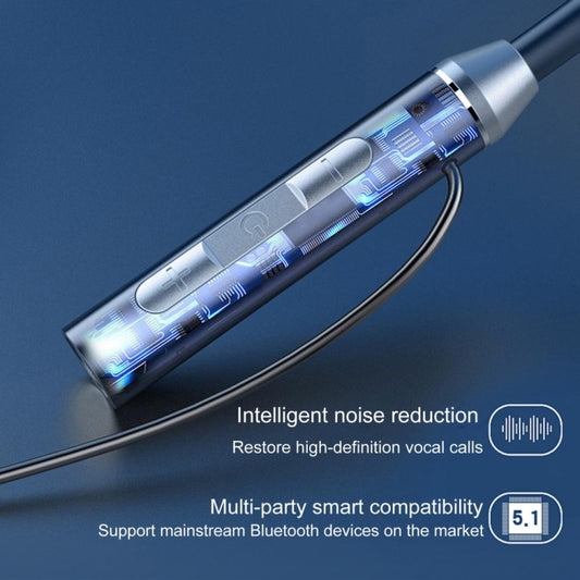 Close-up of BT-63 magnetic earbuds with charging contacts and metallic finish