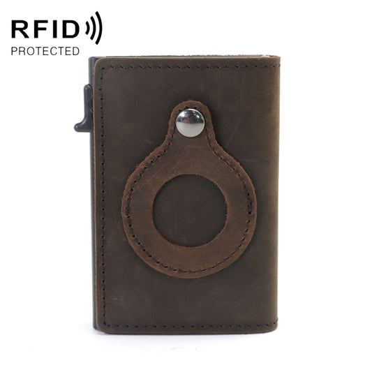 Brown cowhide card holder featuring secure AirTag compartment, compact men's wallet design