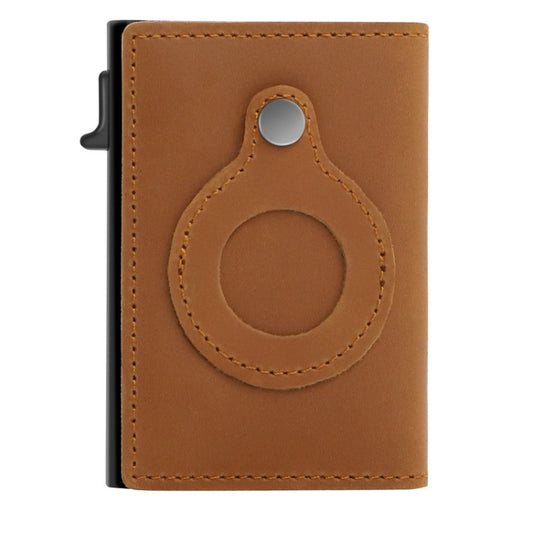 Dark brown premium leather wallet with integrated AirTag tracker slot and coin pocket