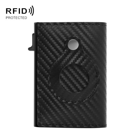 Carbon fiber textured cowhide wallet showcasing AirTag 1st gen compatibility and durability