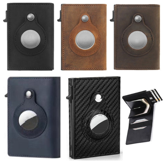 Anti-theft positioning wallet open view revealing card slots and dedicated AirTag holder