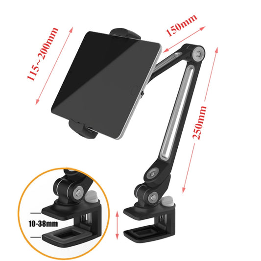 Tablet bracket mounted on bedside table, hands-free viewing angle