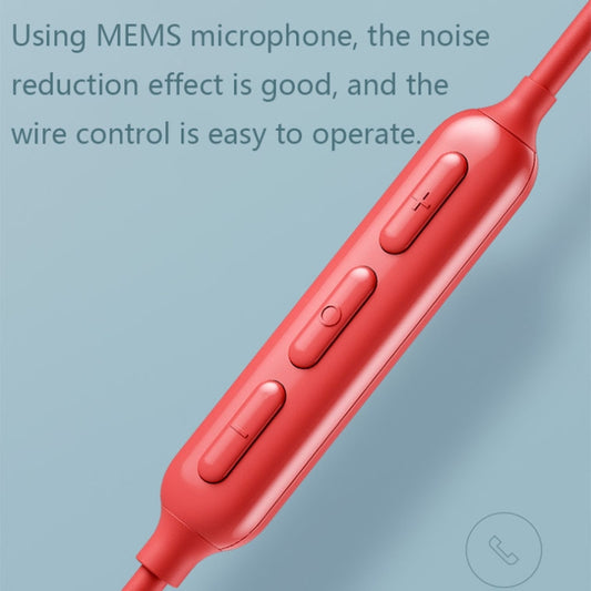 Close-up of Havit i30 dual magnetic earpieces on red neckband connector