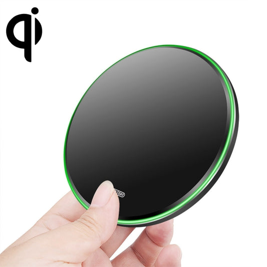 Sleek black wireless charging pad with mirror finish, 20W fast charging capability