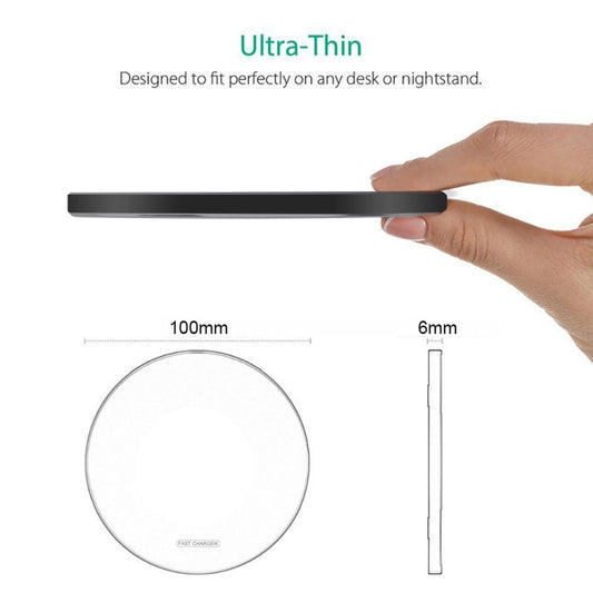 Top-down view of white metal wireless charger showing QI charging coil alignment