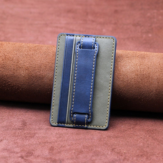 Leather phone card sleeve with wrist strap holder in blue and red