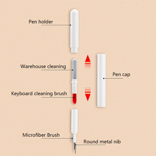 Close-up of precision cleaning tools integrated into portable Bluetooth headset care pen