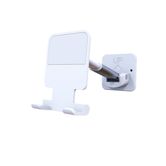 Adjustable mobile phone holder with adhesive wall mount, ideal for shower and kitchen use