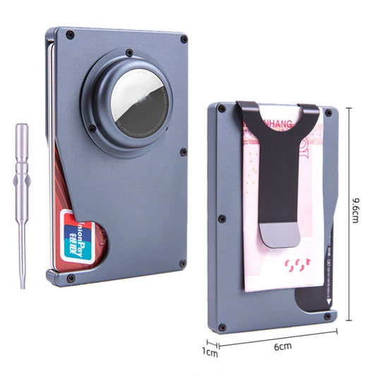 Silver tracker card holder featuring multiple card slots and Apple AirTag compatibility
