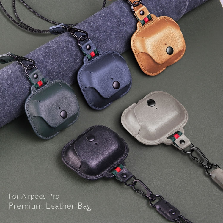 Earphone Cowhide Leather Sleeve Storage Box Protective Case with Lanyard, For AirPods Pro