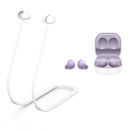 Galaxy Buds 2 anti-lost cord detail showing durable silicone construction and clip mechanism